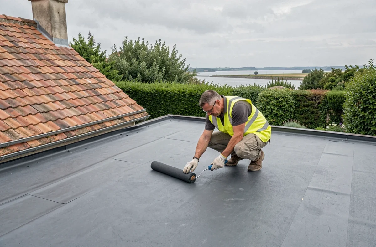 Couvreur de Compao Couvreur Saujon appliquant une membrane d'étanchéité sur une extension de toiture plate près de Saujon