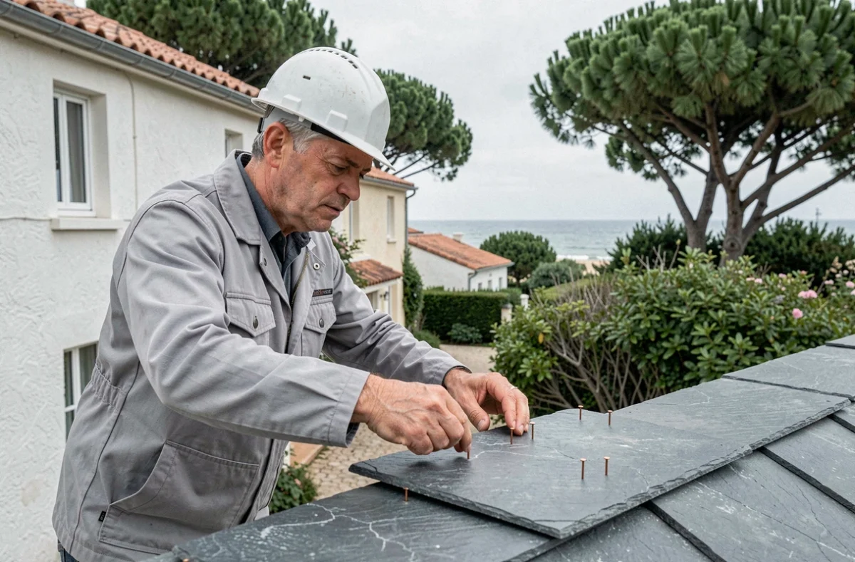 Artisan de Compao Couvreur Vaux-sur-Mer posant des ardoises sur une villa balnéaire en bord de côte charentaise