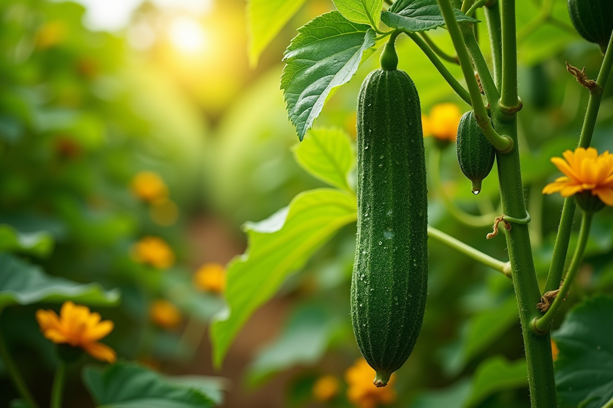 Concombre mûr suspendu à la vigne dans un jardin ensoleille