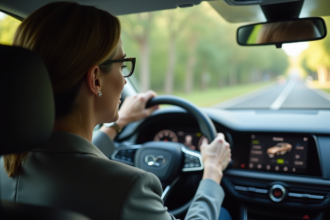 Femme au volant d'une voiture moderne avec ADAS