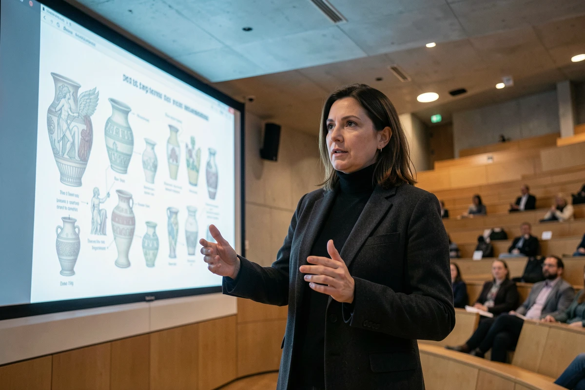 Conférencière universitaire présentant le mythe de Prométhée devant un amphithéâtre moderne en 2026