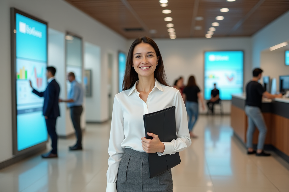 Conseillère financière souriante dans le lobby bancaire