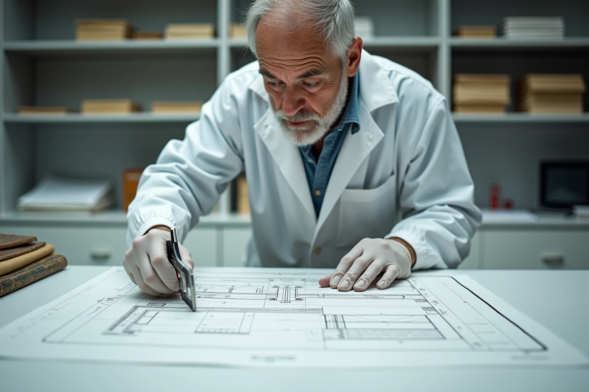 Conservateur de musée analysant les dimensions techniques de la Joconde avec un pied à coulisse