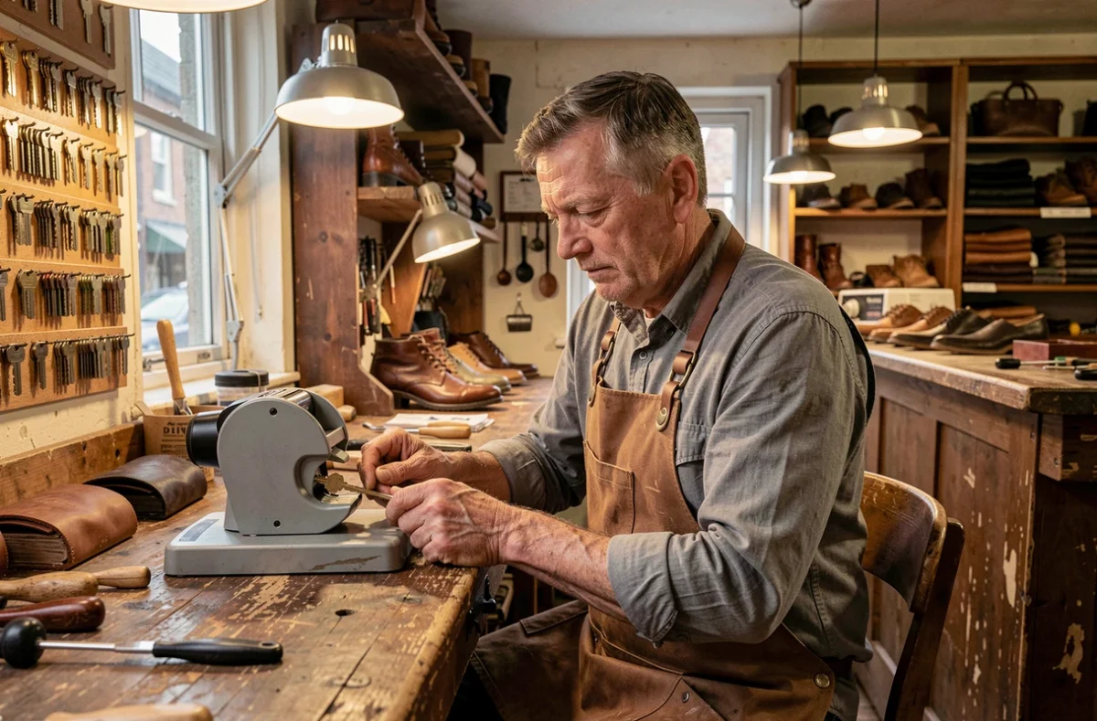 Artisan de la Cordonnerie Serrurerie Bouget découpant une clé sur une machine dans une boutique traditionnelle de cordonnerie-serrurerie