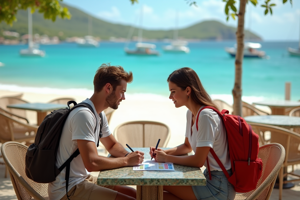 Jeune couple au café face à la plage en Martinique