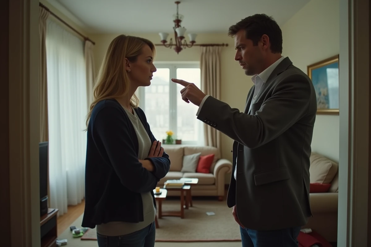 Couple en confrontation tendue dans un salon, illustrant l'escalade de la violence psychologique et du contrôle émotionnel dans une relation pernicieuse