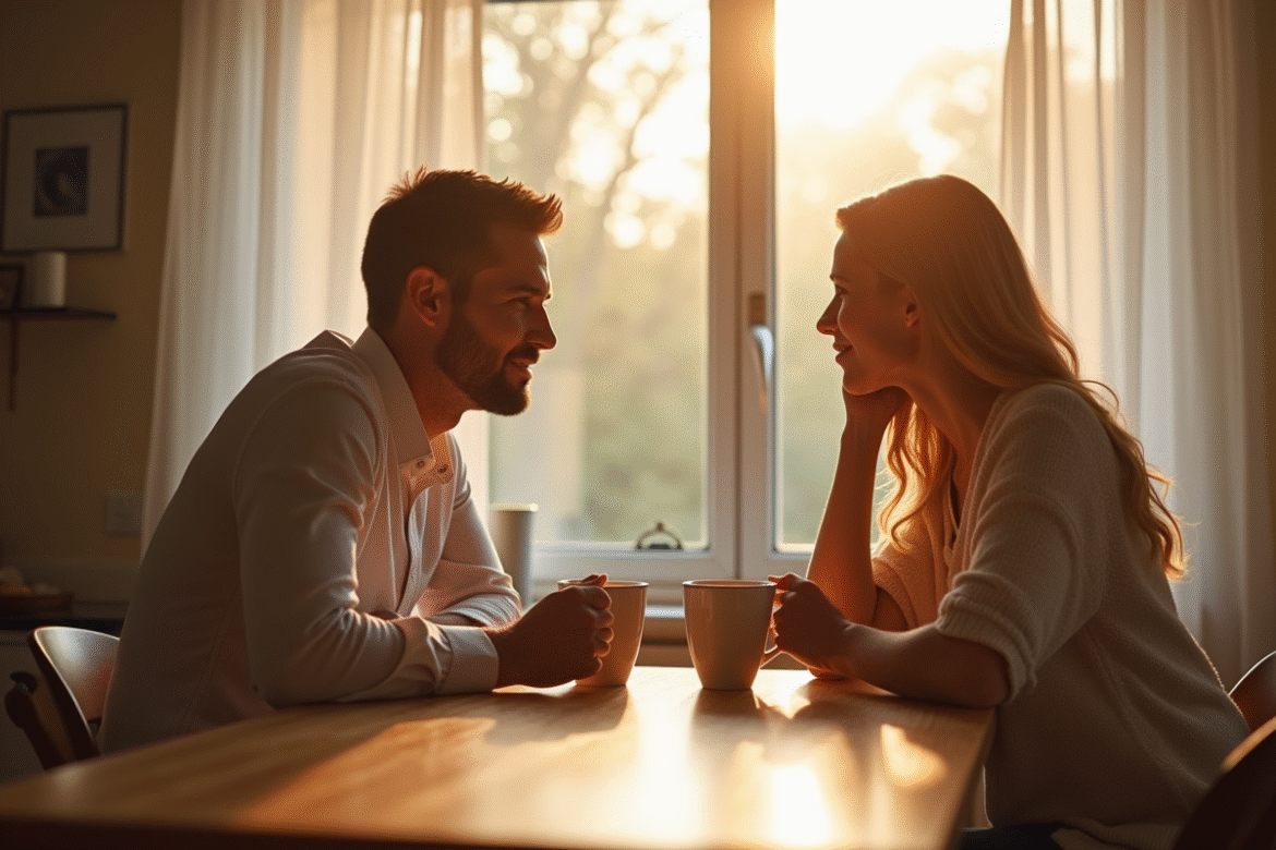 Couple marié à la cuisine en réflexion avec tasses de café