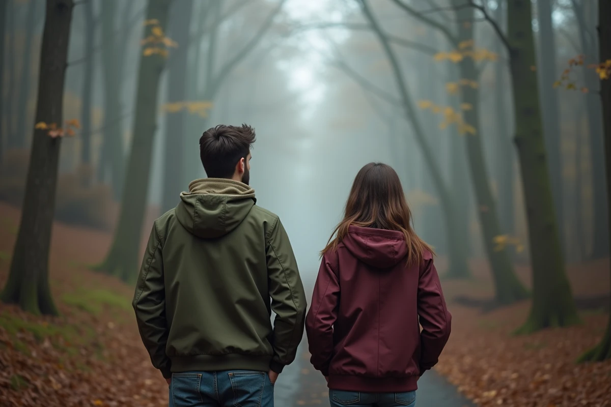 Couple séparé sur un chemin de forêt brumeuse symbolisant les erreurs d'interprétation dans la relation de flamme jumelle