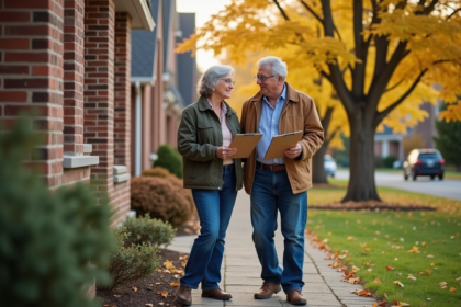 Couple devant maison canadienne en automne