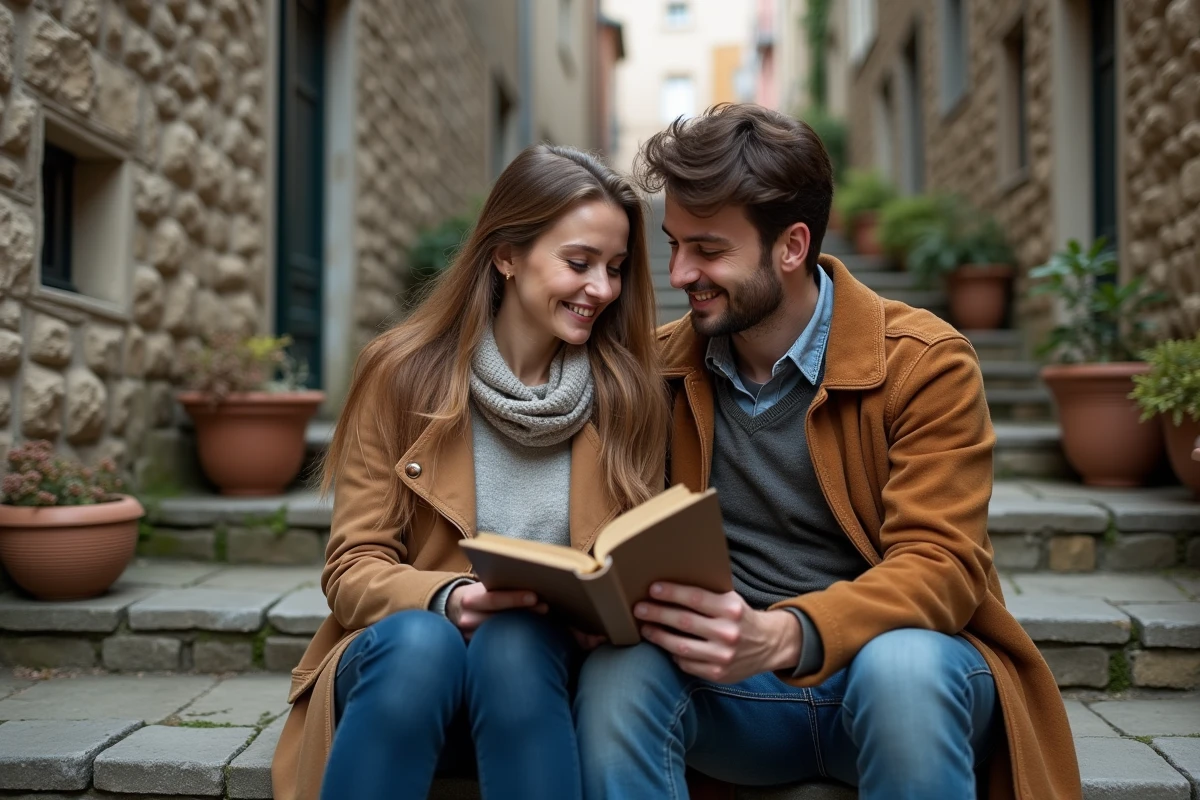 Couple assis sur un escalier en pierre d'une ruelle européenne, partageant la lecture d'un recueil de poèmes d'amour