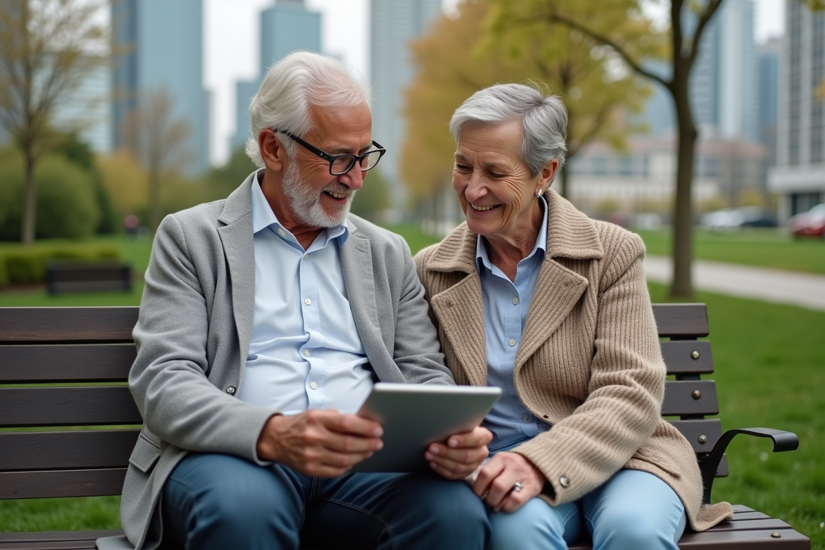 Couple dans un parc urbain regardant un calendrier numérique