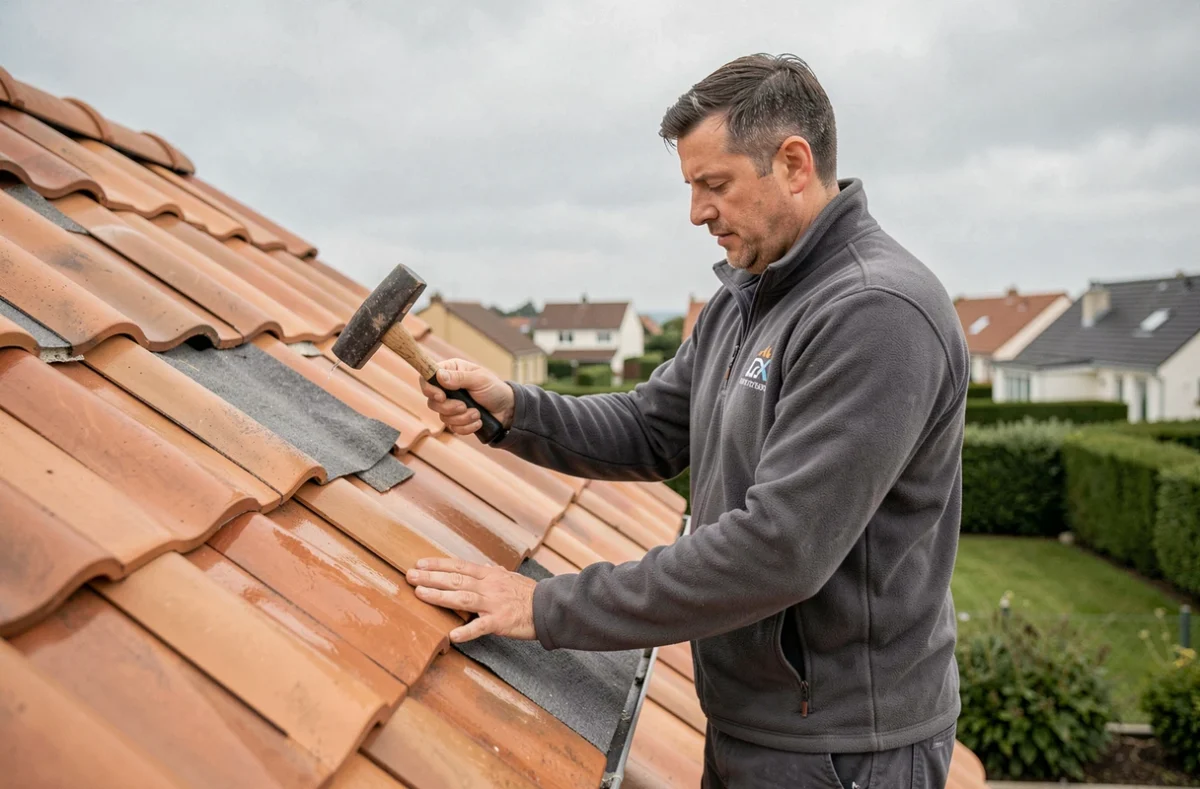 Couvreur Riva installant un faîtage en tuiles neuves sur une maison pavillonnaire en Charente-Maritime