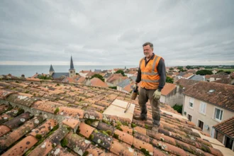 Couvreur professionnel travaillant sur une toiture en tuiles traditionnelles avec vue panoramique sur les toits d'une ville de Charente-Maritime