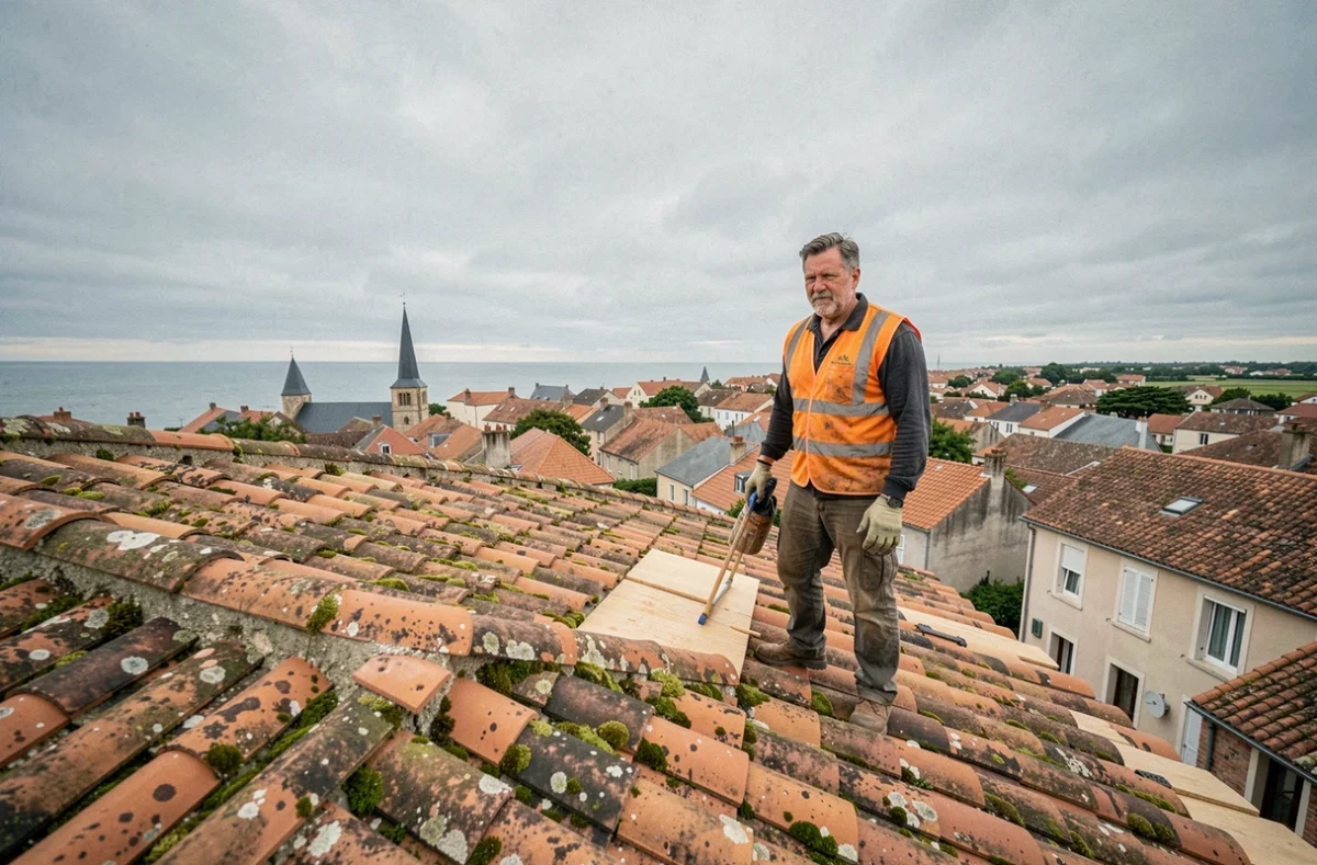 Couvreur professionnel travaillant sur une toiture en tuiles traditionnelles avec vue panoramique sur les toits d'une ville de Charente-Maritime