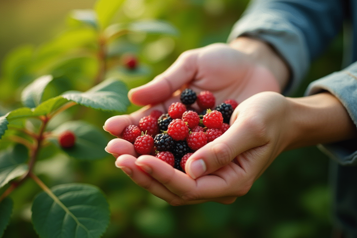 Mains récoltant des groseilles mûres dans un jardin