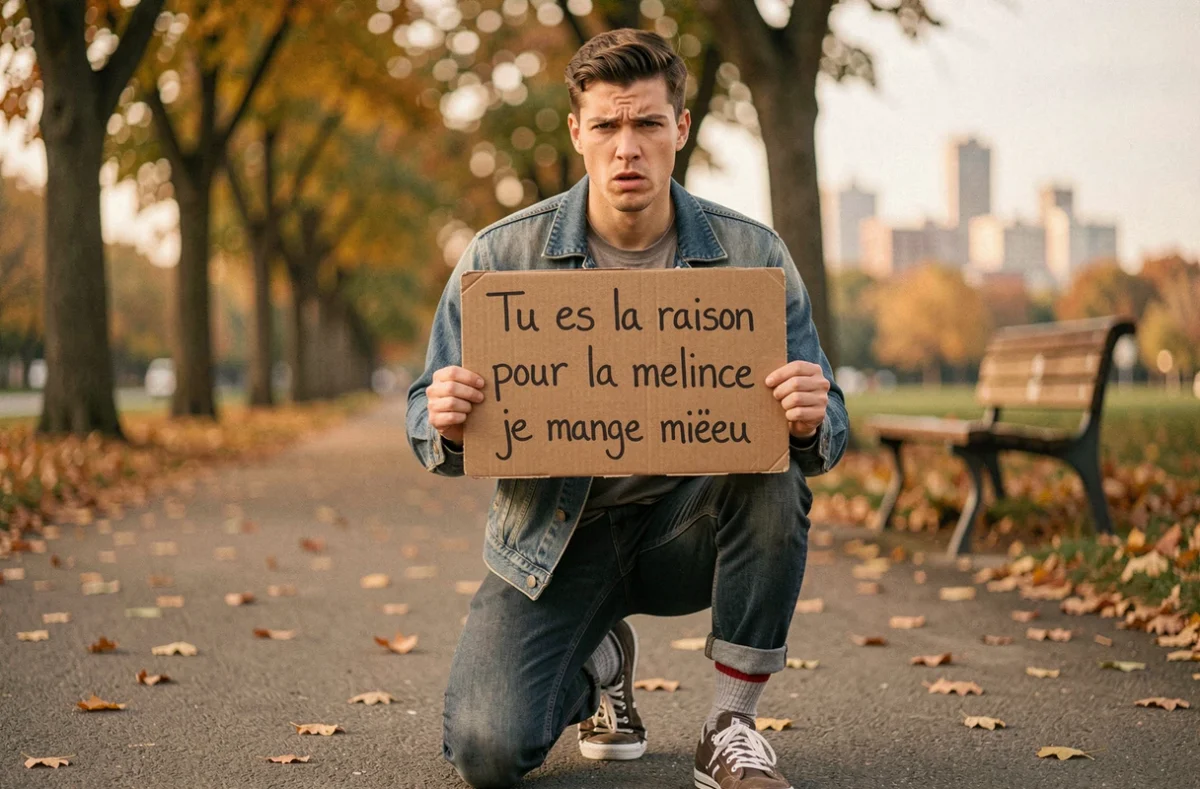Homme tenant une pancarte humoristique pour une déclaration d'amour drôle dans un parc urbain en automne