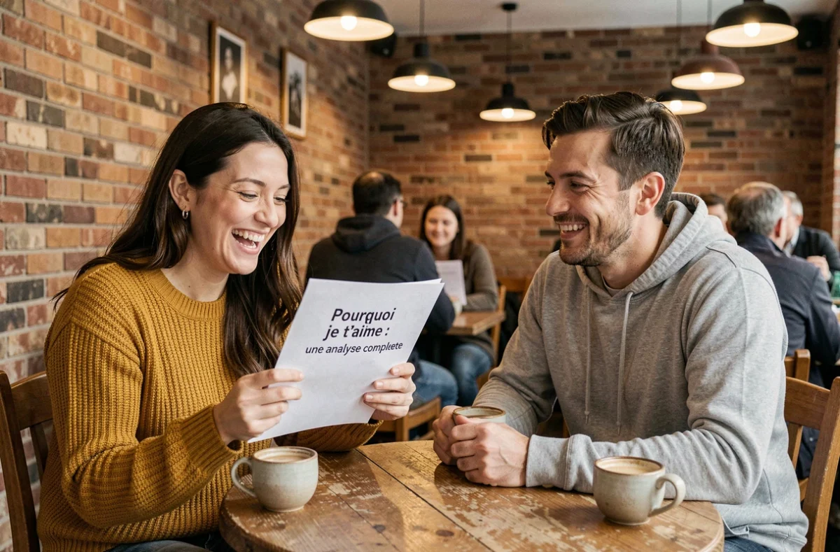 Couple riant d'une déclaration d'amour originale et drôle sous forme de présentation PowerPoint dans un café