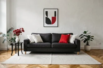 Salon moderne parisien décoré avec la palette rouge blanc noir pour une ambiance élégante et équilibrée