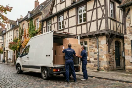 Équipe de déménageurs professionnels chargeant un camion devant un bâtiment normand à colombages à Rouen