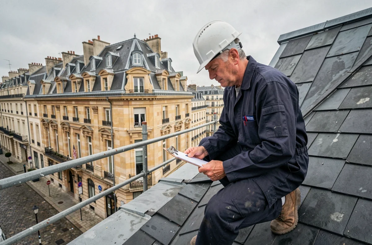 Couvreur de Demoulin Couverture inspectant une toiture en zinc et ardoise sur un immeuble historique à Rochefort