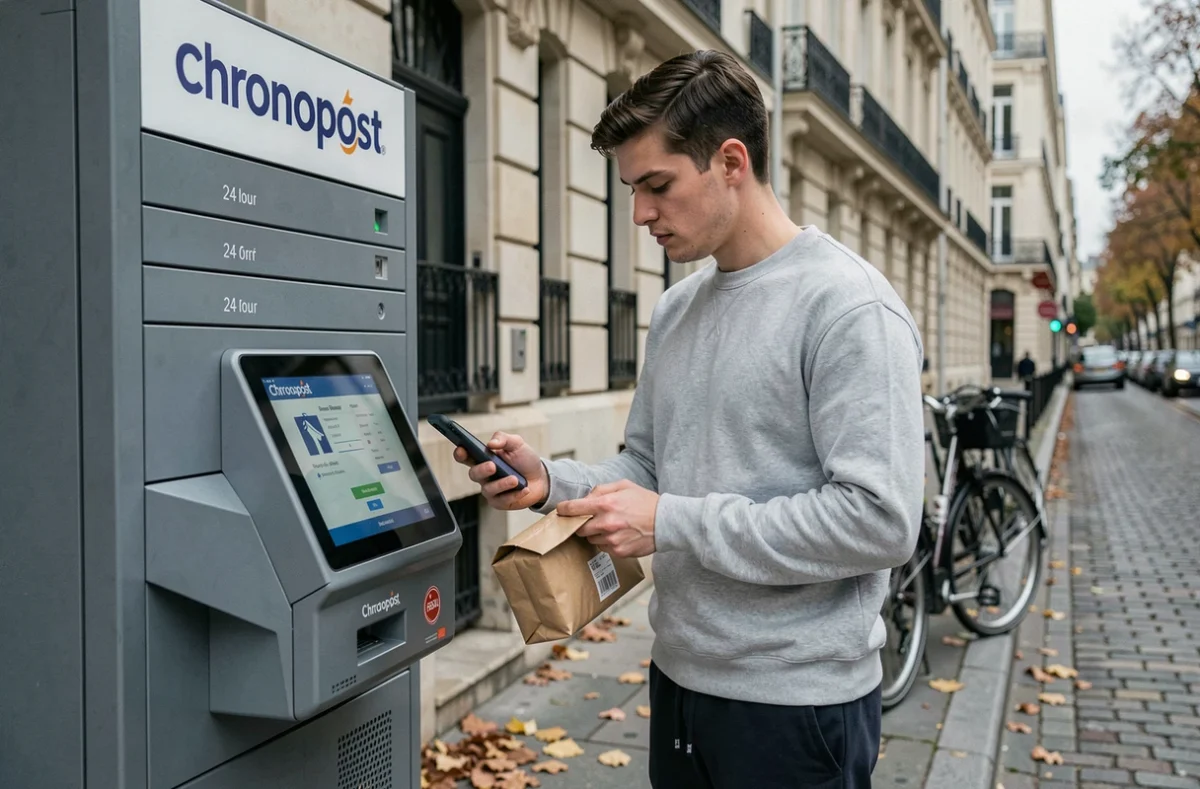 Jeune homme déposant une enveloppe Chronopost dans une consigne automatique en libre-service sur un trottoir parisien le dimanche