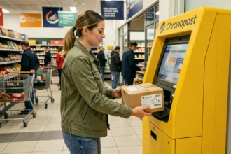 Femme déposant un colis Chronopost dans un terminal de dépôt automatique à l'entrée d'un supermarché le week-end