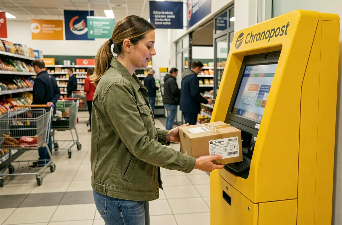Femme déposant un colis Chronopost dans un terminal de dépôt automatique à l'entrée d'un supermarché le week-end