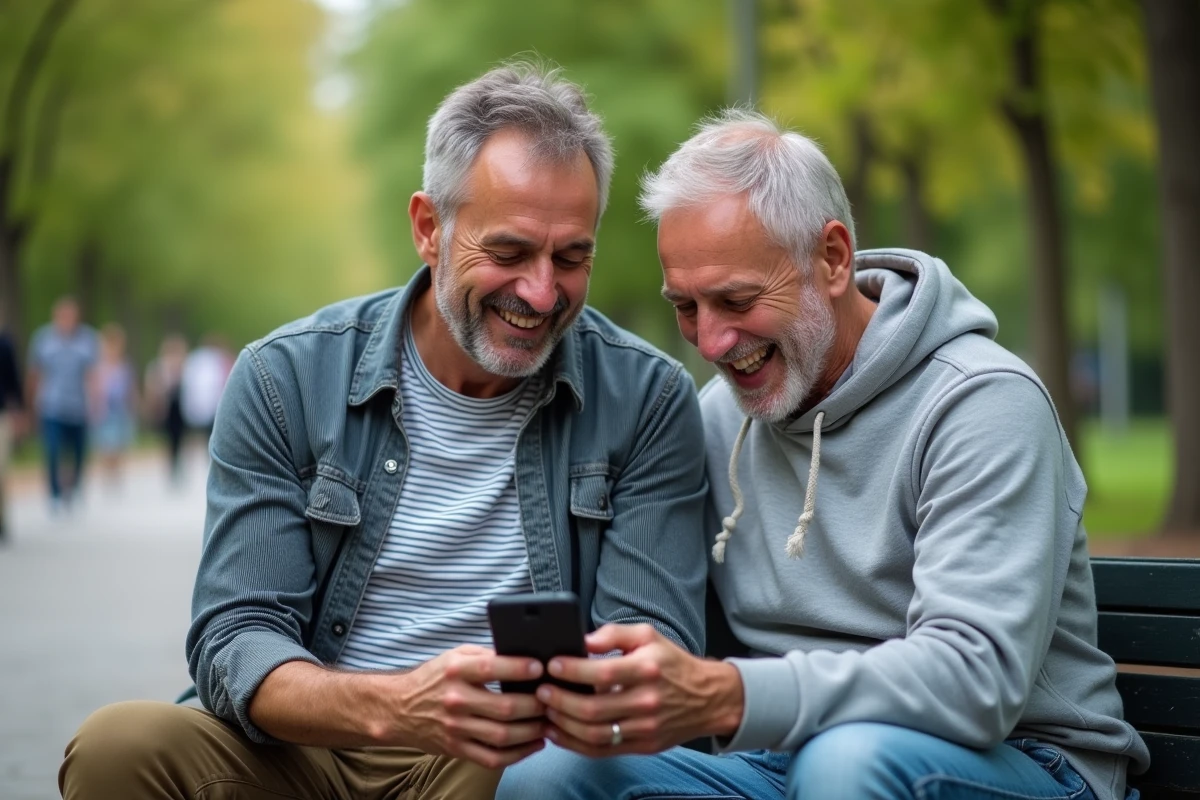 Deux hommes rient ensemble sur un banc de parc en ville