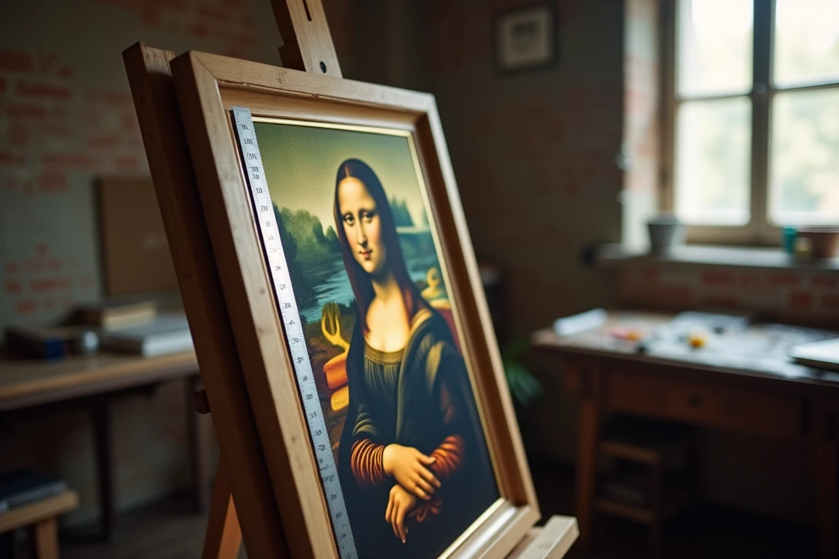 Reproduction de la Joconde avec un mètre ruban sur un chevalet dans un atelier d'art