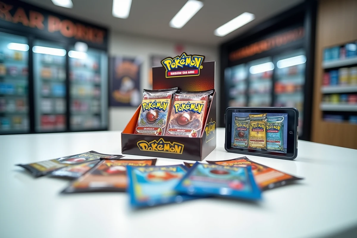 Display de boosters Pokémon sur un comptoir de boutique avec un téléphone affichant un site d'achat en ligne