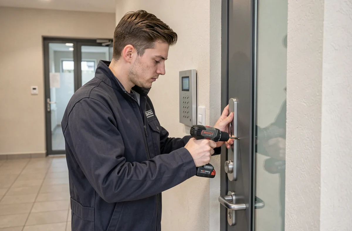 Dos Santos Amadéus serrurier à Nancy installant un système de verrouillage multipoint sur une porte d'appartement moderne