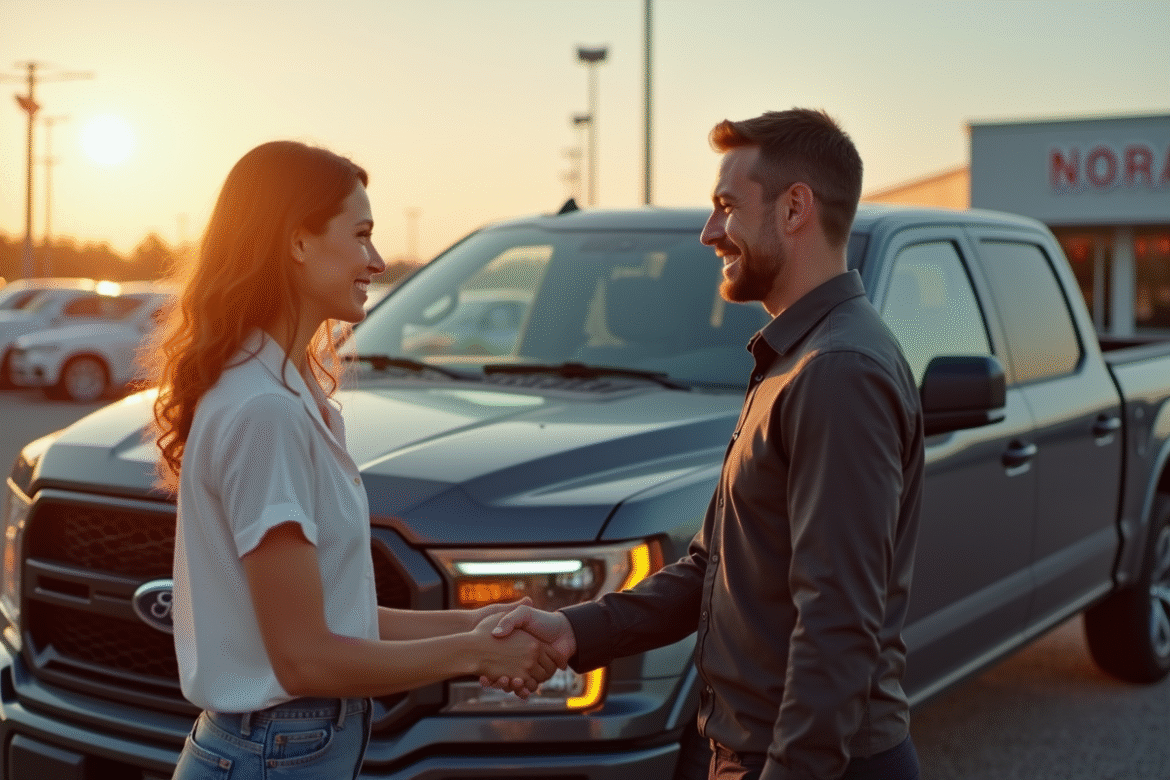 Deux personnes se serrant la main devant un pickup d'occasion en concession