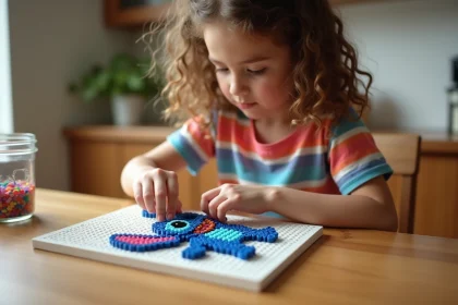 Petite fille débutante en train de réaliser un modèle perles à repasser Stitch sur une planche à picots en bois