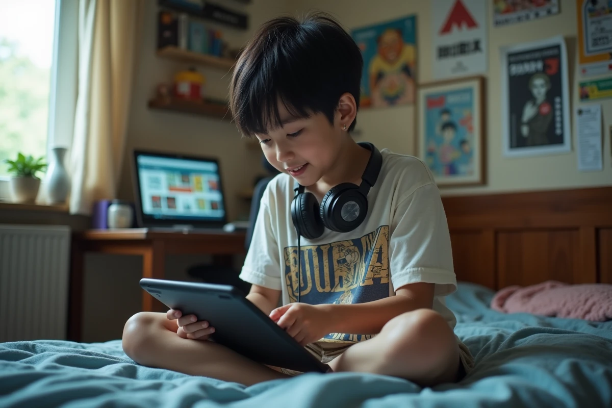 Adolescent parcourant des mangas sur tablette avec l'interface Epsilon Scan dans sa chambre