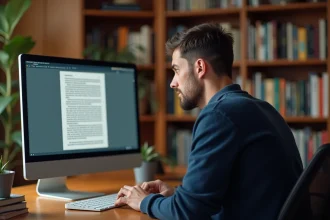 Homme lisant des mangas sur PC via Epsilon Scan dans un bureau à domicile moderne
