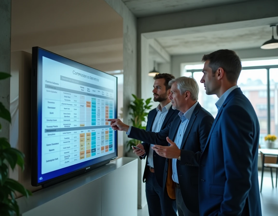 Équipe d'acheteurs évaluant une matrice de comparaison de prestataires rail sur écran interactif en espace de travail moderne