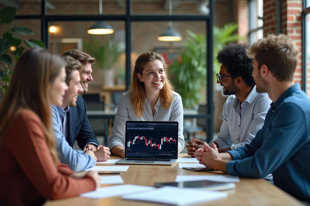 Jeunes professionnels discutant autour d un graphique digital