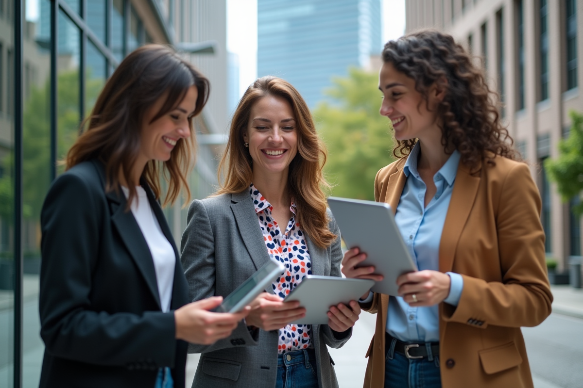 Groupe de jeunes entrepreneurs discutant avec tablettes blockchain