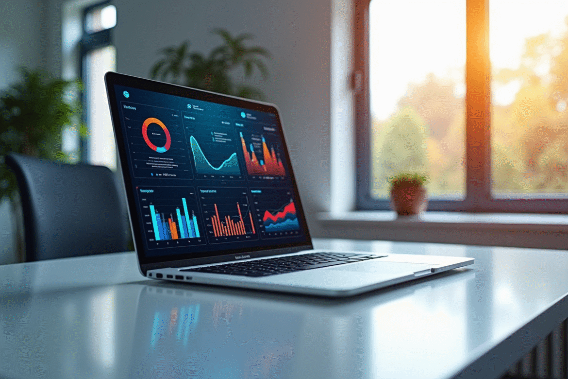 Espace de travail moderne avec tableau de bord de visualisation de données