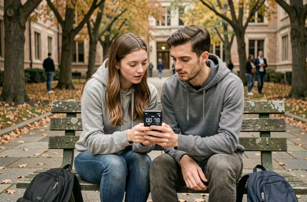 Deux étudiants sur un campus regardant un smartphone affichant une horloge numérique avec les mentions AM et PM — apprendre la différence AM et PM en anglais