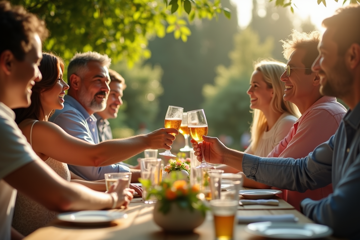 Famille et amis faisant un toast pour un anniversaire de mariage