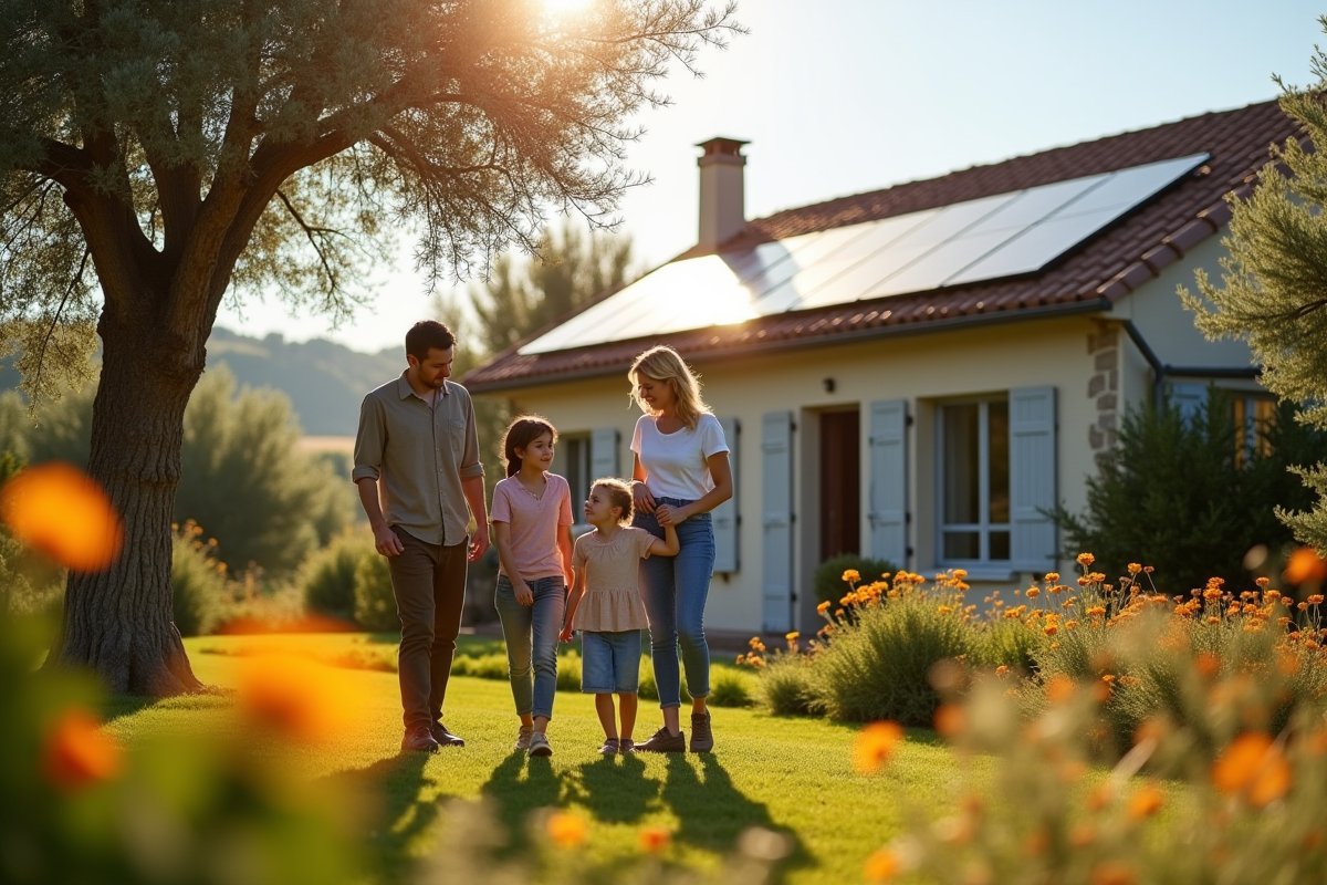 Famille dans un jardin en Provence examinant un panneau solaire