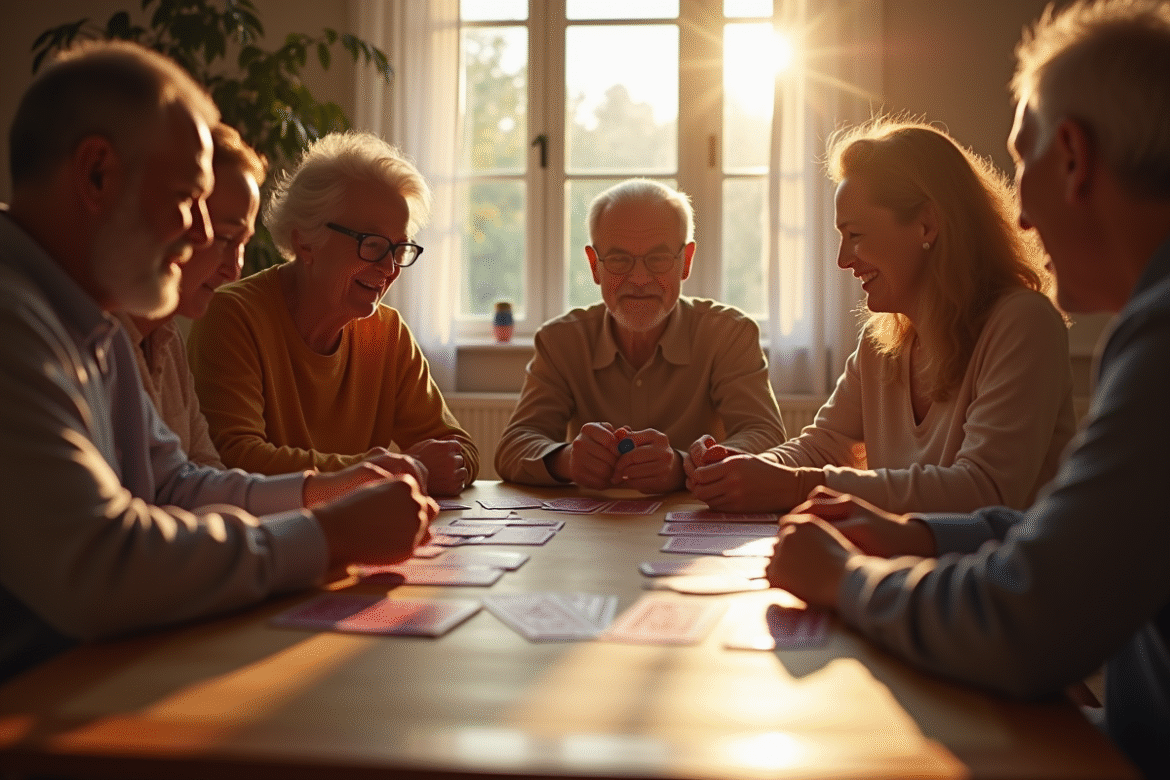 Famille multigenerational jouant à la Crapette dans un salon chaleureux