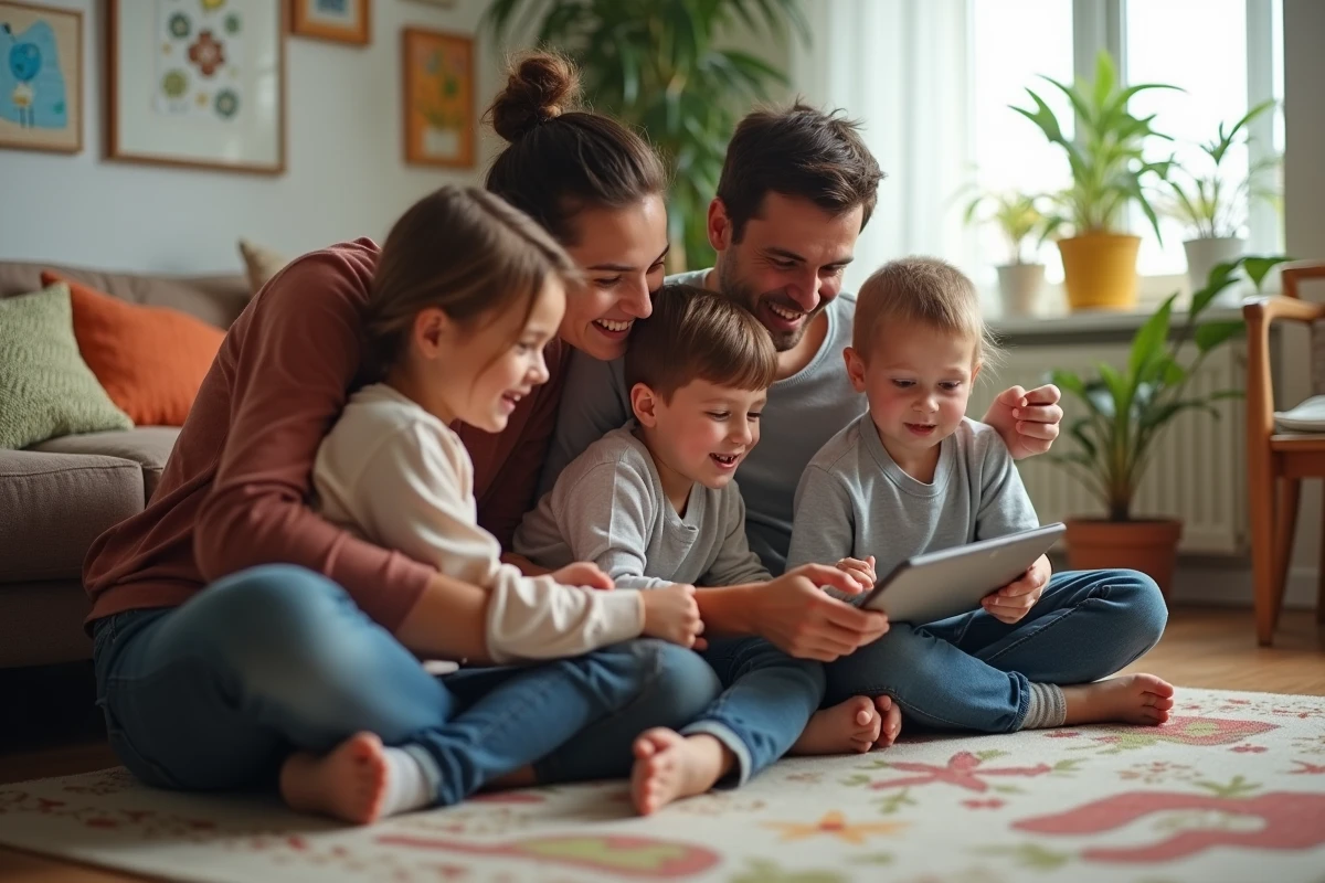 Famille jouant à un jeu de mots sur une tablette dans le salon