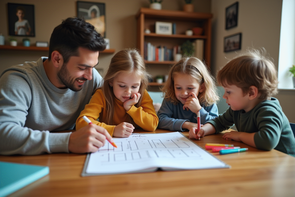 Famille autour d'un planning familial à la maison