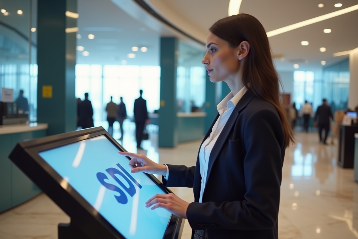Jeune femme utilisant un kiosque digital dans une banque