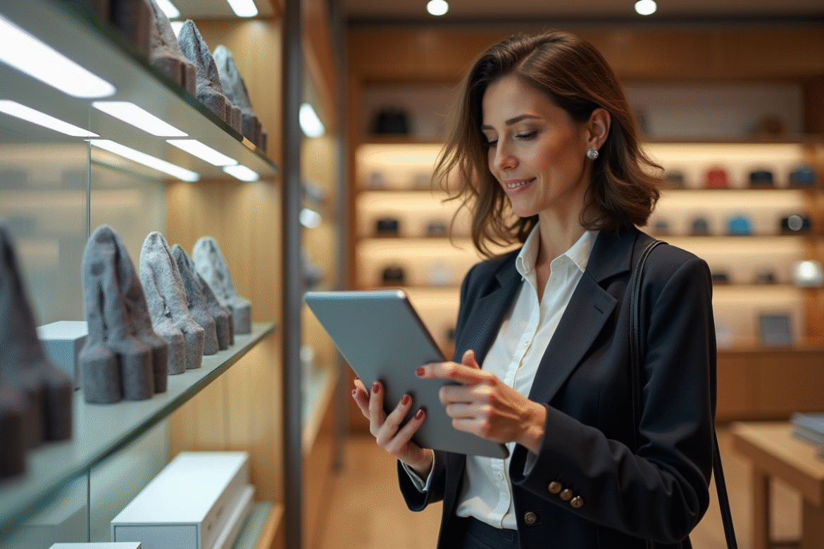 Femme d affaires examine des produits en boutique moderne