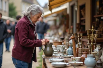 Femme examinant une cruche ancienne sur un stand de brocante en plein air dans le Pas-de-Calais