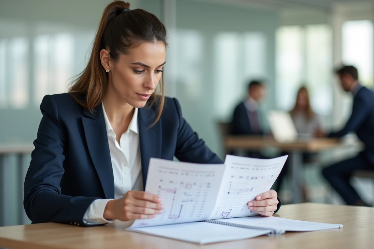 Femme professionnelle en bureau consultant un calendrier pour distinguer jours ouvrés et jours calendaires