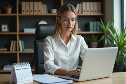 Femme d'âge moyen travaillant sur son ordinateur dans un bureau moderne